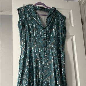 Elegant Teal Key Print Midi Dress 1X